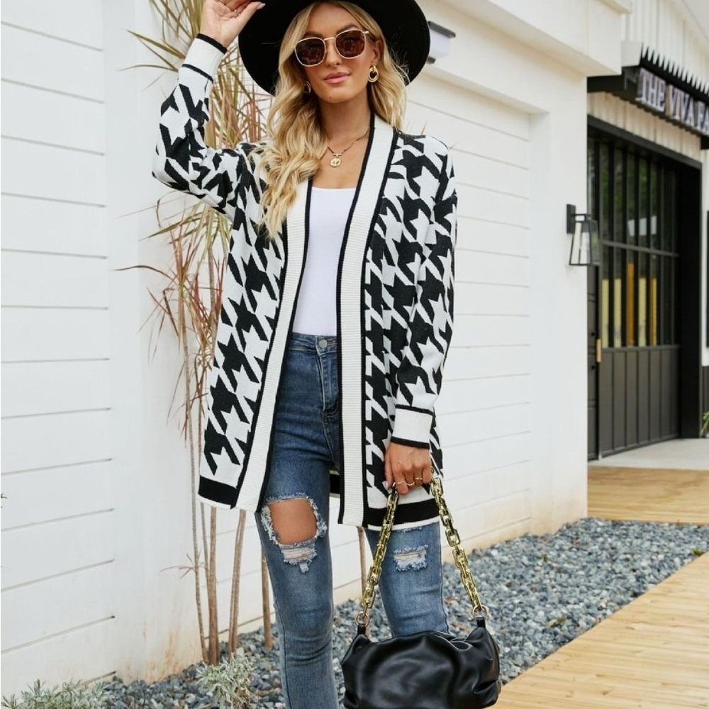 HOUNDSTOOTH RIBBED TRIM OPEN FRONT CARDIGAN - Picture 5 of 5